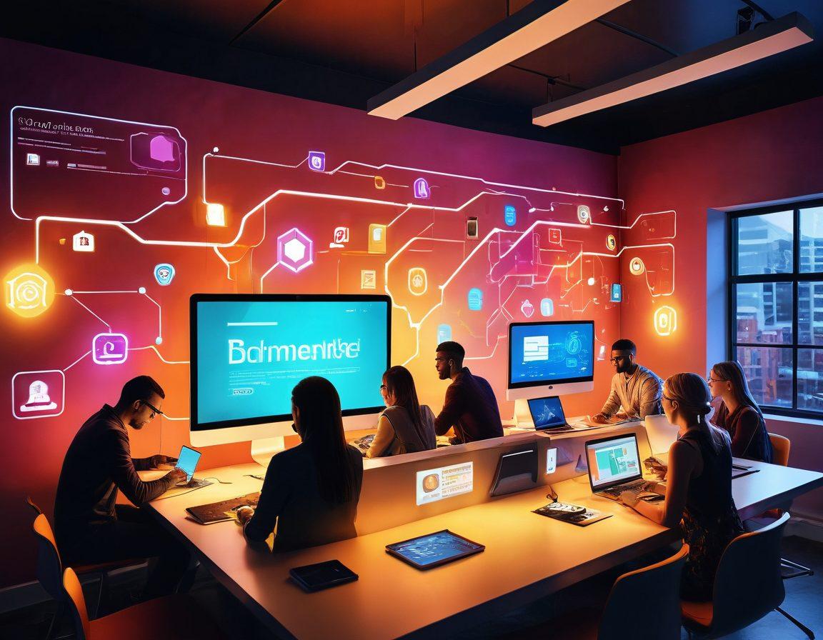 A dynamic workspace scene featuring a diverse group of people enthusiastically using various bookmarking tools on digital devices, surrounded by floating icons of popular online services and tools. Soft glow lighting illuminating their focused expressions, with a backdrop of a colorful digital world filled with interconnected links and resources. A sense of collaboration and innovation is palpable. vibrant colors. 3D. modern digital style.